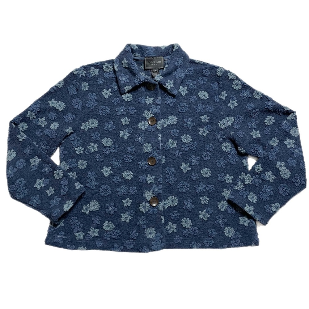 VTG 90s Fleece Blue Textured Floral Shacket Jacket M - Picture 1 of 7
